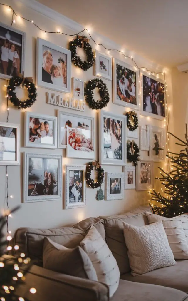 A photo of a living room with a personalized Christmas theme. There's a photo wall filled with cherished memories of family Christmases. The frames are of various sizes and are arranged in a heartwarming collage above a cozy sofa. Seasonal decorations like mini wreaths and string lights intertwine with the photos, adding a festive touch. The room is illuminated with soft lighting, creating a nostalgic and joyful atmosphere perfect for celebrating the season.