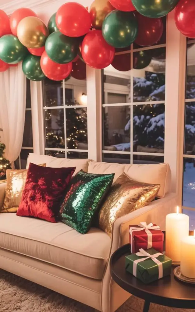 A plush, cream-colored sofa sits centered within the room, adorned with three square pillows in a metallic red velvet, a green sequined fabric, and a gold brocade. Several red, green, and gold balloons, some foil and some latex, float near the 10-foot ceiling, with a long garland of the balloons draped horizontally across the far wall. A small, round side table made of dark wood rests to the sofa's right, displaying three wrapped presents tied with silver ribbon and two unscented ivory candles in glass holders. Large windows with sheer white curtains reveal a snowy backyard with evergreen trees visible through the glass.