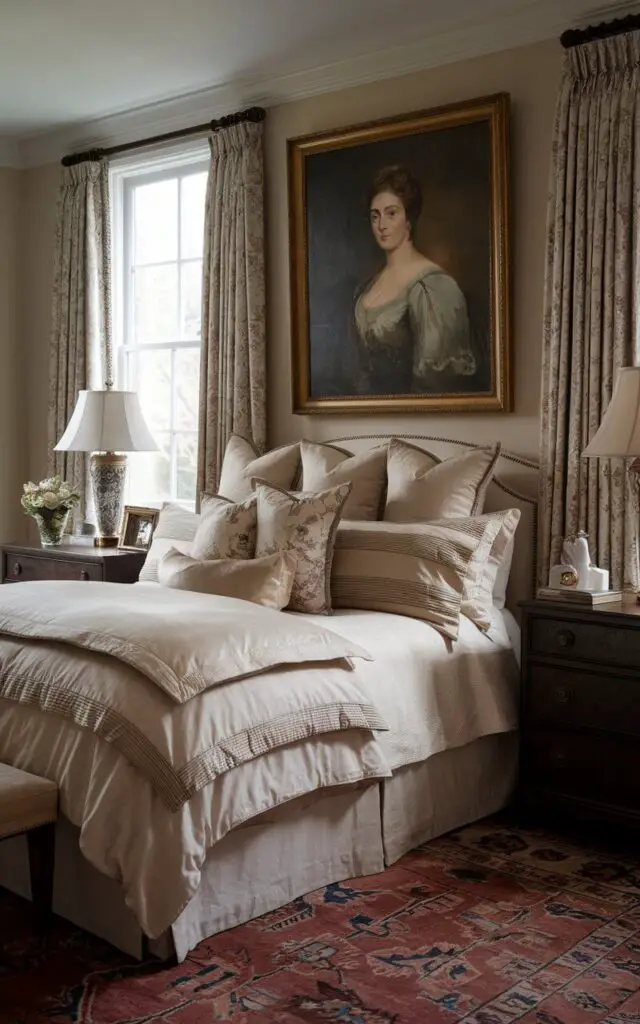 A photo of a traditional bedroom with a cozy bed and classic portrait artwork. The bed has layered ivory bedding and is placed on a plush, patterned rug. Dark wood nightstands hold vintage-style lamps. The room has a soft light from the window, illuminating the artwork and creating a cultured and timeless atmosphere.