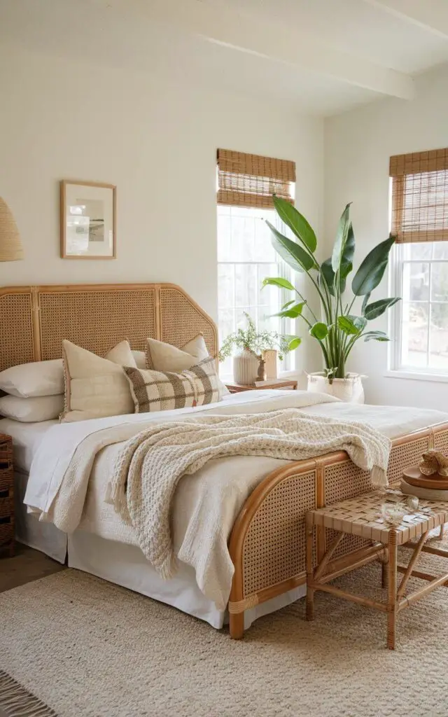 A light and airy earthy bedroom with a very cozy upholstered bed. The bed features a rattan and wicker headboard and side table, adding texture and visual interest. Weaved baskets serve as stylish storage on either side of the bed. The bed is made up with layered white and beige bedding, and a knitted throw blanket adds extra comfort. A large potted plant in the corner and bamboo blinds on the windows complete the natural look, tying in effortlessly with the earthy theme.