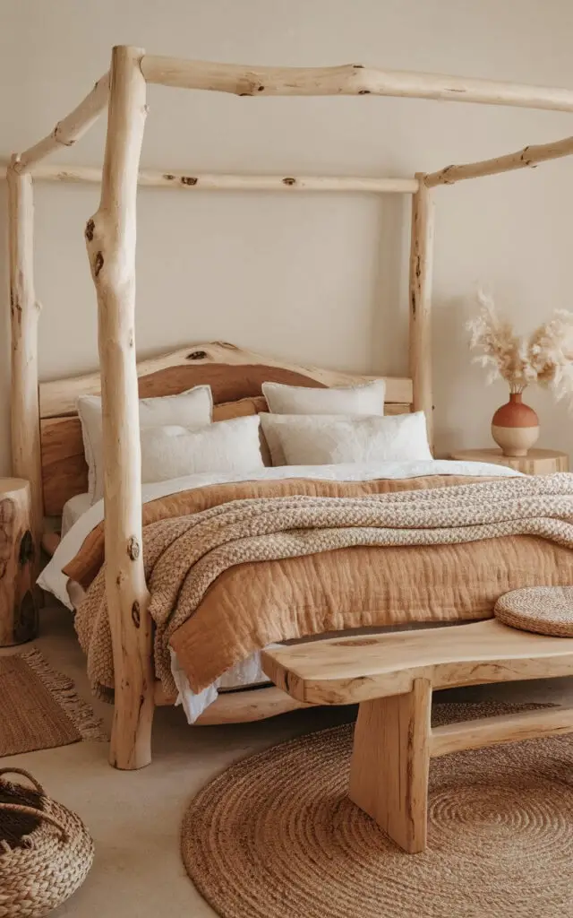 A photo of an earthy bedroom with a cozy bed. The bed frame and matching side tables are made of smooth natural wood with knots and imperfections. The bed is layered with soft, white and tan linens, topped with a textured wool blanket. A large, raw wood bench is placed at the foot of the bed. There is a woven basket and a jute rug on the floor. A ceramic vase with dried pampas grass is placed on one of the side tables.