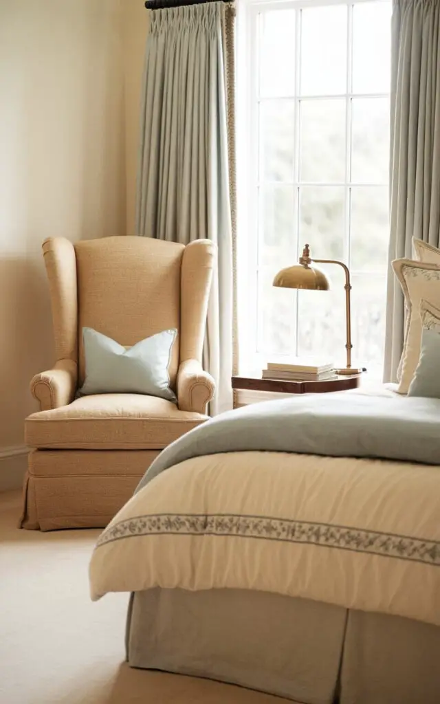 A photo of a traditional bedroom with a cozy reading nook by the window. The nook features a classic, upholstered armchair in a warm beige fabric. A very cozy upholstered bed with soft, layered bedding in ivory and soft blue sits nearby, creating a unified, inviting look. The nook is completed with a small wooden side table and a brass reading lamp, providing a quiet corner for relaxation. The room's soft bright lighting and warm tones add to the overall sense of peace and elegance.