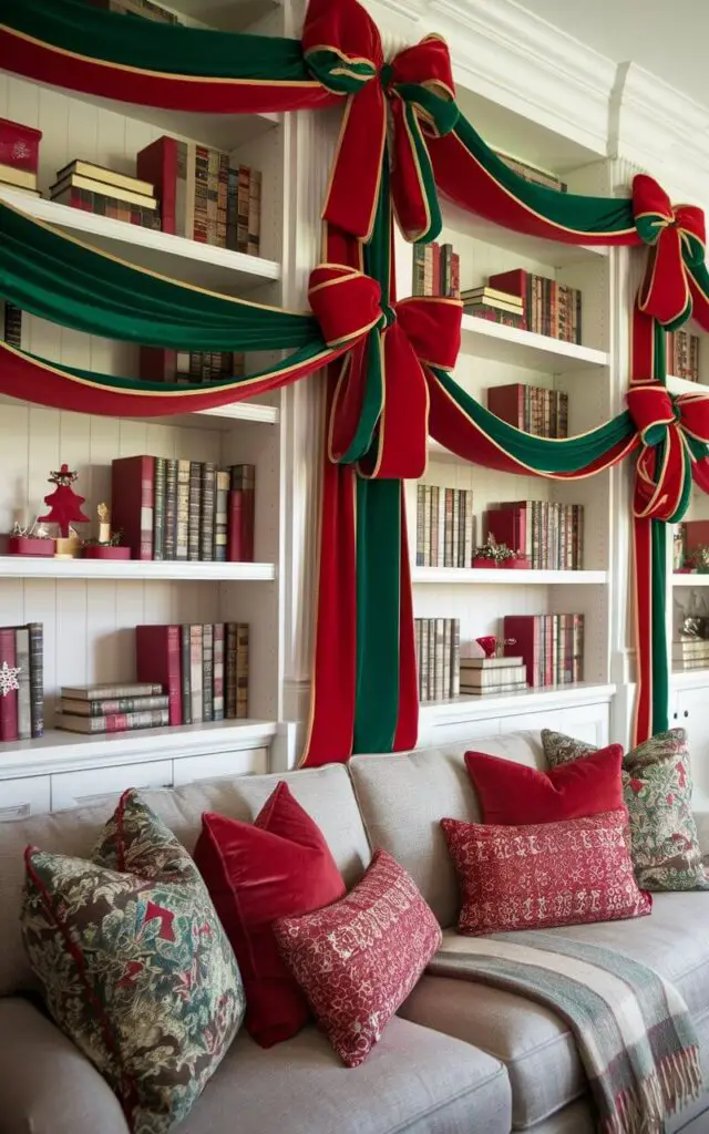 A festive Christmas living room with bookshelves elegantly wrapped in wide, colorful ribbons. The ribbons in red, green, and gold add a celebratory flair to the room. The cozy sofa is adorned with patterned cushions and a soft blanket. Decorative ornaments and small holiday figurines are placed on the shelves, enhancing the festive theme. The overall look is both sophisticated and joyful, perfect for the holiday season.