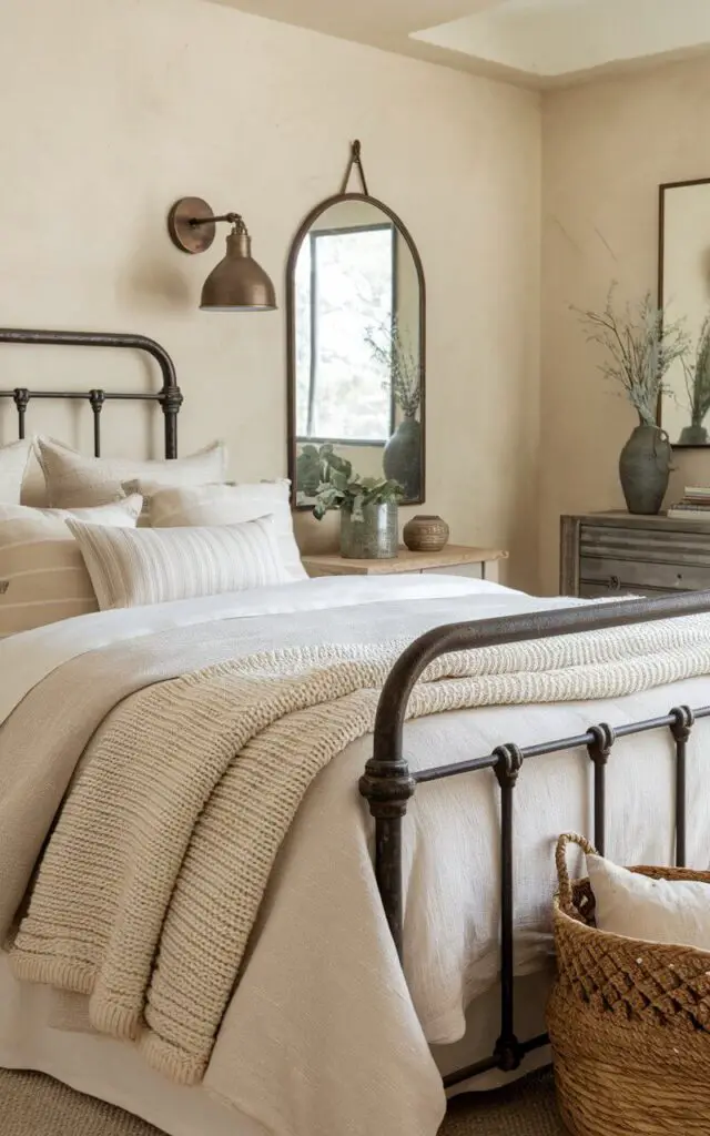 A photo of an earthy bedroom with a cozy bed featuring rustic metal accents for a subtle industrial touch. The bed is styled with layered neutral bedding in soft beige and white, with a knitted throw blanket for added texture. An iron-framed bed adds rustic charm, complemented by a matching metal sconce on the wall. A bronze mirror hangs above a simple wooden dresser, and a woven basket nearby adds warmth to balance the cool metal tones. The overall look is grounded and inviting, with a blend of raw and refined elements.