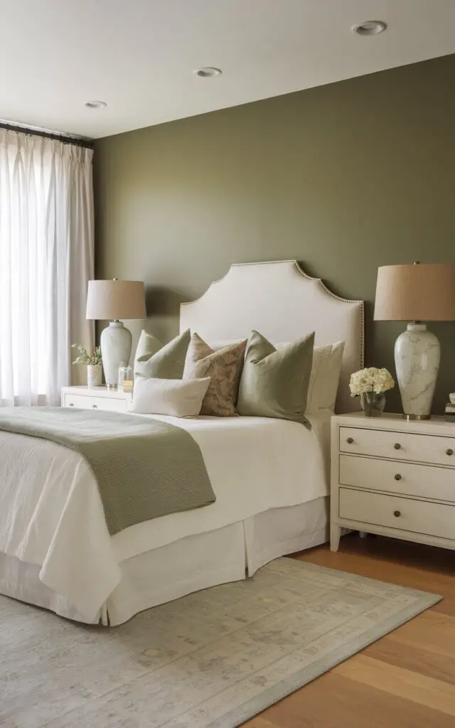 A photo of a beautifully designed sage green bedroom with walls painted in a rich, muted sage green shade. A very cozy bed with white bedding and layered sage green throw pillows is placed against the accent wall. On each side of the bed, white nightstands hold matching lamps with natural linen shades. Light wood floors and a soft area rug add warmth, while the soft light filtering through sheer white curtains enhances the calm, soothing atmosphere of the room.