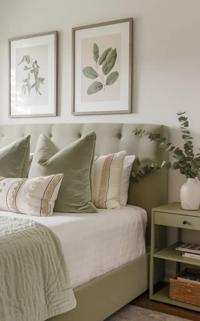 A photo of a cozy bedroom with a sage green bed. The bed is adorned with plush sage green and cream accent pillows. The bedding is neutral with crisp white sheets. Above the bed, two framed botanical prints add a subtle decorative touch. A small nightstand to the side holds a simple white vase with fresh eucalyptus, tying in with the natural, organic feel of the room.