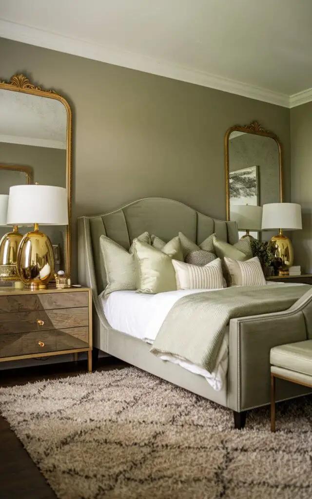 A sophisticated sage green bedroom with gold accents, including a gold-framed mirror and lamps with gold bases. The room features a cozy upholstered bed styled with sage green and white linens. A plush rug adds a luxurious touch to the room, creating a warm and elegant ambiance.