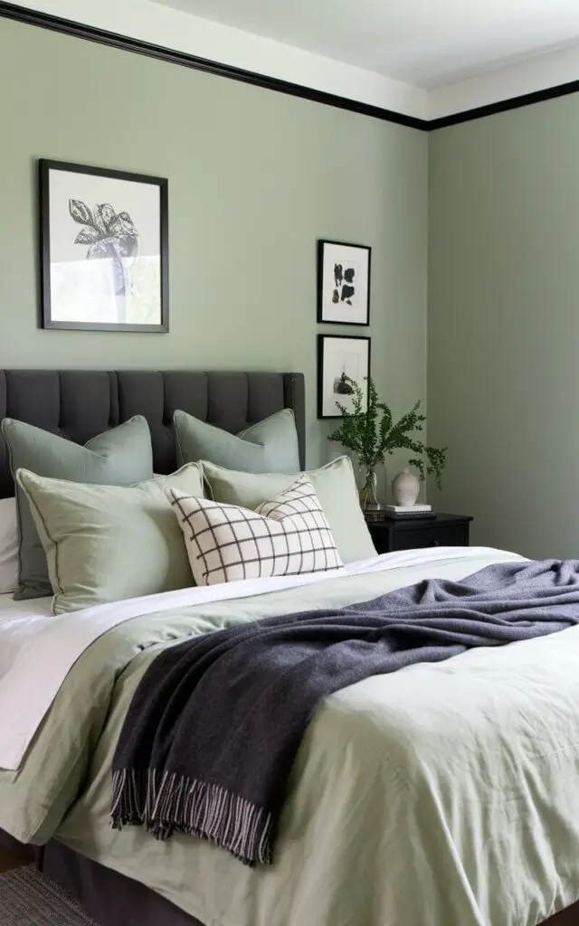 A photo of a cozy bedroom with sage green walls. The bed is dressed in sage and gray bedding. The walls are painted a light sage green, contrasting beautifully with charcoal gray accents on the bed's headboard. Soft sage pillows and a charcoal throw blanket add layers of depth, making the room feel serene. Black-framed art and a small plant on the nightstand add a finishing touch.