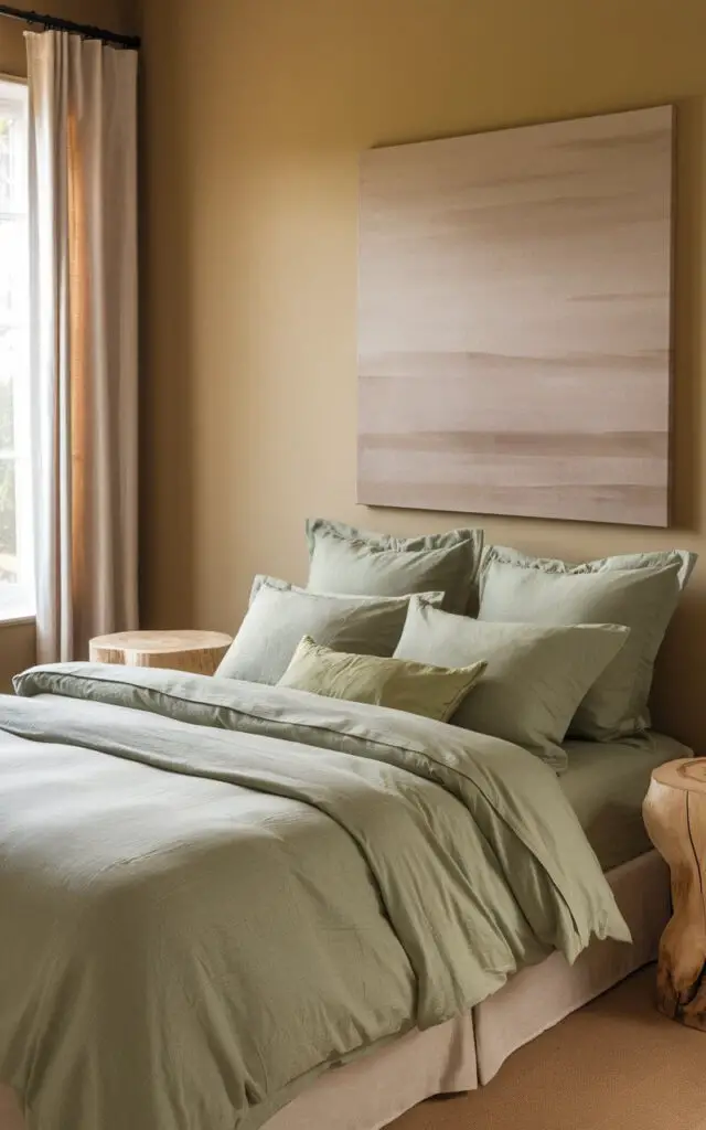 A photo of a cozy sage green bedroom with a large window letting in soft natural light. A comfy bed with multiple layers of green bedding takes center stage. The walls are painted in a warm beige tone, providing a striking contrast to the green bedding. Above the bed, there is a soft canvas painting in muted earth tones. Two natural wood side tables are placed beside the bed, adding a rustic charm to the room.