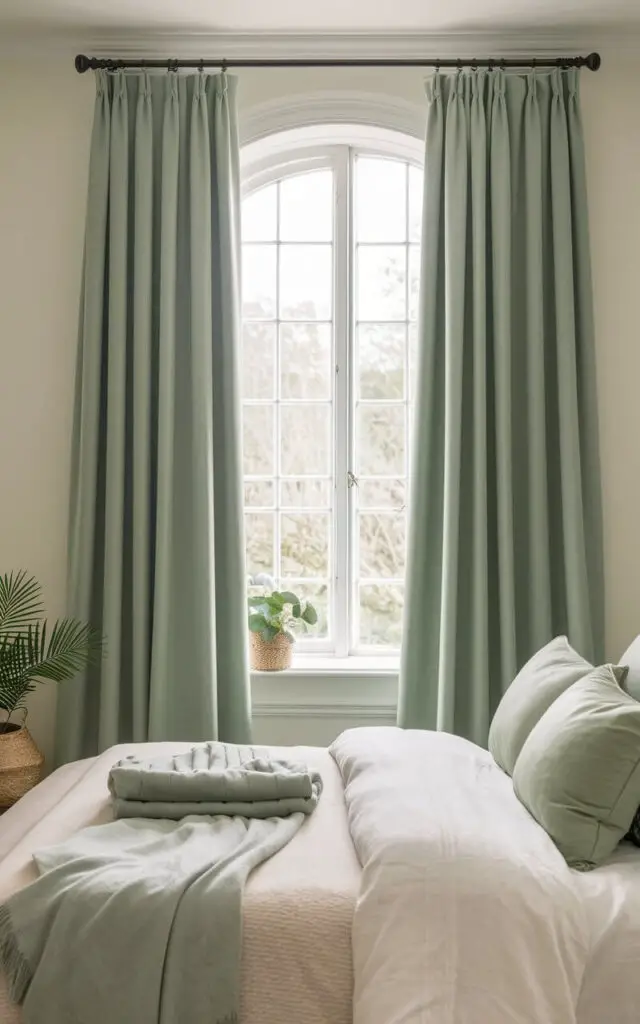 A photo of a sage green bedroom with floor-length sage green curtains framing a large window, allowing natural light to fill the room. The curtains provide a soft splash of color against the creamy white walls. A cozy bed with plush white and sage green pillows is placed below, adorned with a folded sage throw blanket at the foot. The room is minimal yet elegant, featuring a small potted plant and a woven basket that enhances the natural aesthetic of the space.