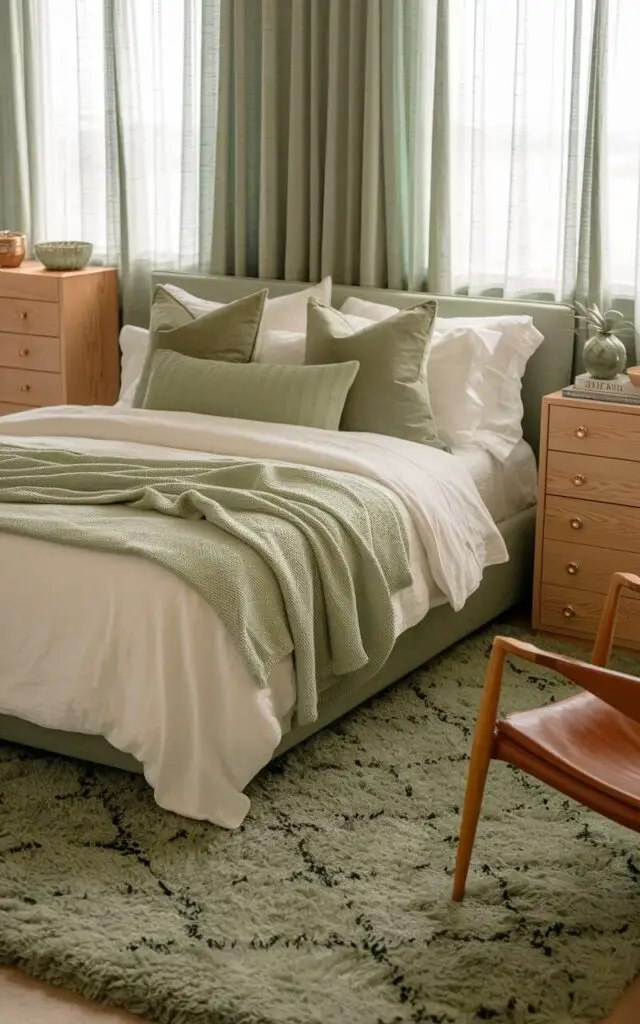 A photo of a sage green bedroom with a cozy bed. The bed is placed on a lush, plush sage green area rug. The bed is dressed in white bedding with layered sage green blankets and pillows, blending seamlessly with the tones of the rug. A natural wood dresser and a small leather chair add texture to the room. A soft light filters through sheer sage curtains, making the space feel calm and inviting.