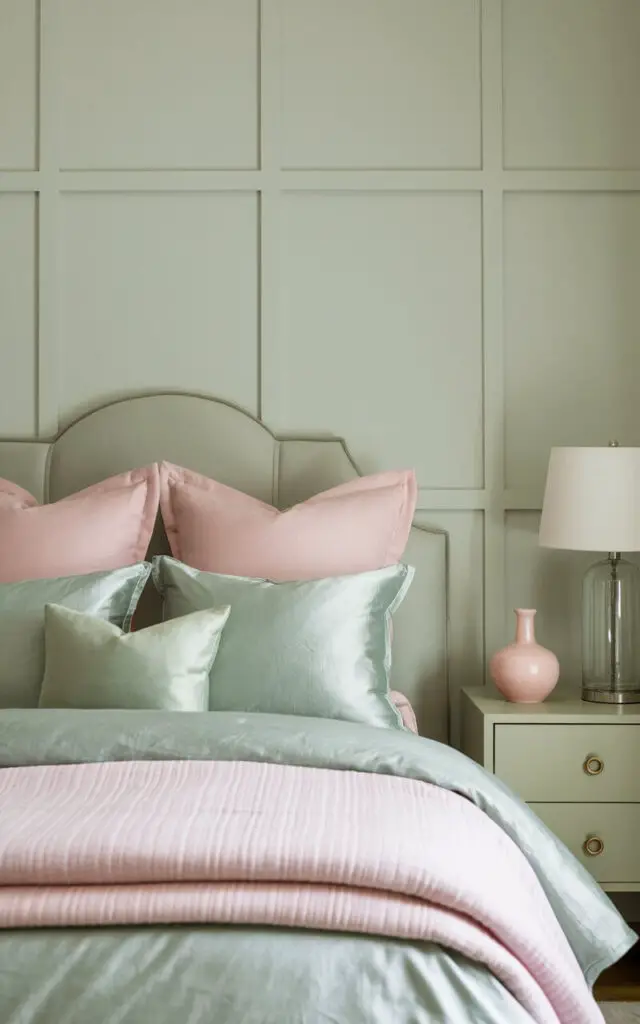 A photo of a sage green bedroom with soft pink and sage accents. The room features a cozy bed with pink and sage green pillows, and a soft pink blanket folded at the foot. There's a nightstand with a lamp and a small pink vase. The walls are painted light sage, complementing the accents and creating a balanced, harmonious look.