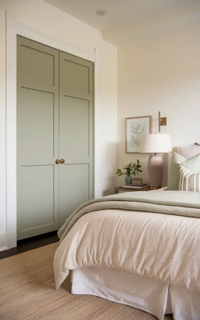 A photo of a serene bedroom with a sage green closet door, white walls, and a cozy bed with neutral linens and sage green pillows. The room has simple decor accents, including a lamp and a small plant. The floor is covered with a beige rug. The room has a warm and inviting ambiance.