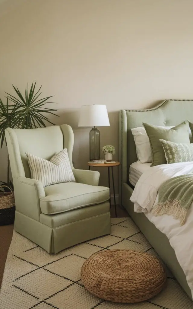 A charming sage green bedroom with a cozy corner featuring a sage green accent chair. The very cozy upholstered bed, placed nearby, has white bedding with sage green pillows, making the room look cohesive. A small side table with a lamp is placed beside the bed. A woven basket and a plant are placed on the floor. The walls are painted in a soft beige color.