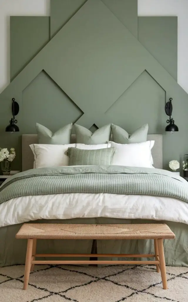 A photo of a sage green bedroom with a striking accent wall painted in the same shade of sage green, placed behind a very cozy bed. The bed features white and sage green linens, including a textured blanket at the foot for added warmth. Black sconces are mounted on each side of the bed, providing reading light and adding contrast. A natural wood bench at the foot of the bed and a plush area rug complete the cozy look.