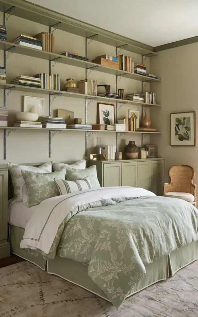 A photo of a sage green bedroom with wall-mounted bookshelves filled with decorative items and books. Below the shelves, there is a cozy bed with white and sage green bedding. The bedding and bedding pillows have a floral pattern. There is a soft rug under the bed. The room has a wooden chair in the corner. The walls are painted in a light beige color.