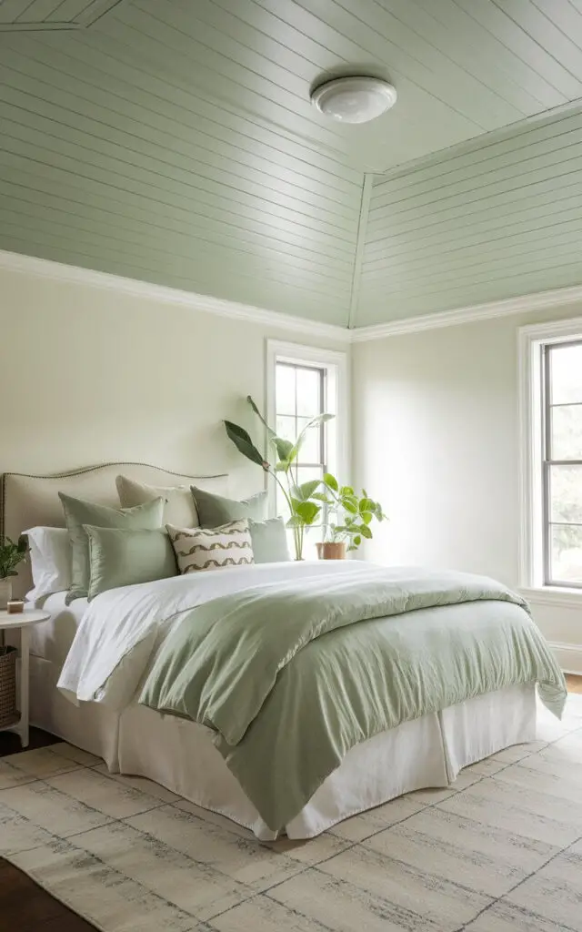 A photo of a sage green bedroom with a ceiling painted in a soft sage green shade, drawing the eye upwards. The very cozy bed below is dressed in white and sage green bedding, adding to the cohesive look. Simple white walls and a neutral area rug balance the ceiling’s unique color, while a few plants add a lively touch.