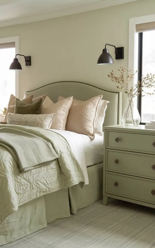 A photo of a sage green bedroom with a cozy bed accented by a sage green dresser, creating a statement. The bed is dressed in warm beige and sage green blankets, making it very cozy. Natural wood elements, such as a bedside table, add warmth and contrast. Above the bed, a pair of modern sconces provides soft lighting, completing the sophisticated look.