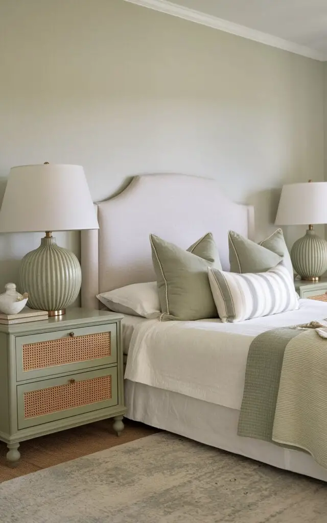 A serene sage green bedroom with a pair of bedside lamps featuring sage green bases and soft linen shades. A very cozy bed lies between them, adorned with sage green and white pillows. Light sage walls and a soft area rug complete the look, making the space feel effortlessly warm and inviting.