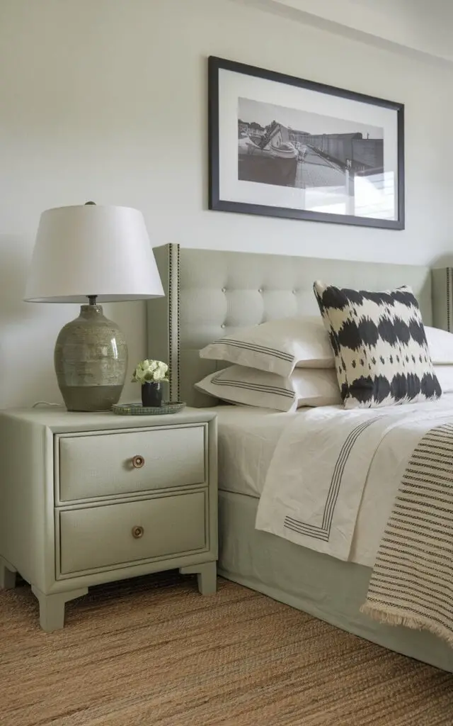 A photo of a stylish sage green bedroom with a cozy bed. The bed is flanked by a pair of sage green nightstands, each holding a small lamp with a green ceramic base. Above the bed, a black and white framed photo adds a sophisticated touch. A woven rug under the bed softens the space, giving the room a relaxed, welcoming feel.