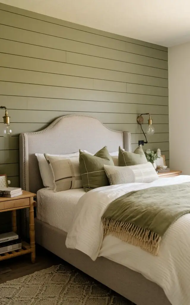 A cozy, rustic bedroom with a sage green shiplap accent wall. There's a farmhouse-style upholstered bed with white and green comfort bedding. A natural wood nightstand sits beside the bed. The room is illuminated by soft lighting.