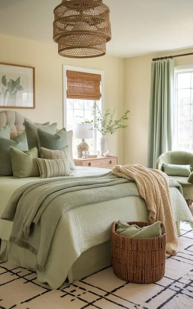 A photo of a sage green bedroom with a cozy and inviting atmosphere. The bed is layered with sage green blankets, throw pillows, and textured throws in various shades and textures. The cream backdrop allows these elements to stand out. A rattan basket and green accent chair add rustic charm to the bedroom.