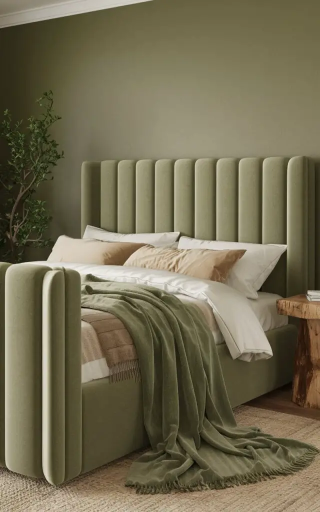 A cozy sage green bedroom with a plush upholstered bed. The bed is placed against a sage green wall. There's a rustic wood side table beside the bed. A green plant is placed on the side table. A plush sage green throw blanket is draped over the edge of the bed. The room has white and beige bedding. The floor is covered with a beige rug.