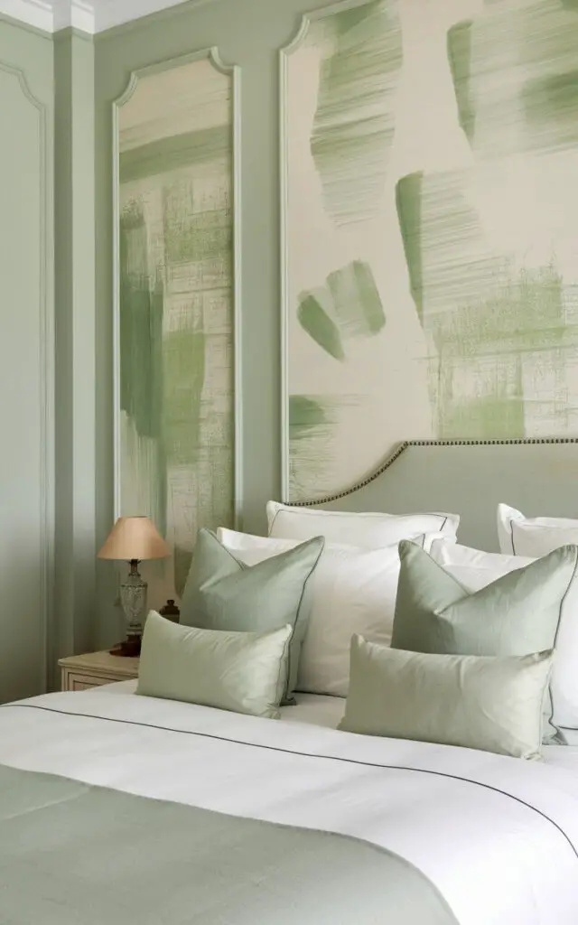 A photo of a serene bedroom with a sage green hue. The room features delicate wall art with green and white abstract patterns, adding a touch of elegance. The cozy bed is dressed with white linens and accented by sage green pillows, harmoniously blending with the art. A small nightstand holds a vintage lamp, adding a subtle vintage touch. The light sage walls and the soft artwork create a tranquil, artful space.