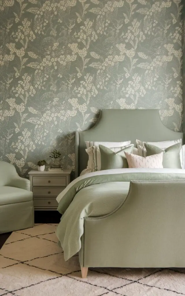 A photo of a sage green bedroom with a feature wall of sage green wallpaper patterned in soft botanical prints. The bedroom has a cozy upholstered bed with white and green bedding. There are minimalistic furniture pieces, including a nightstand and a chair. A cream-colored rug is placed on the floor, adding a soft touch. The overall room has a calm and relaxing vibe.