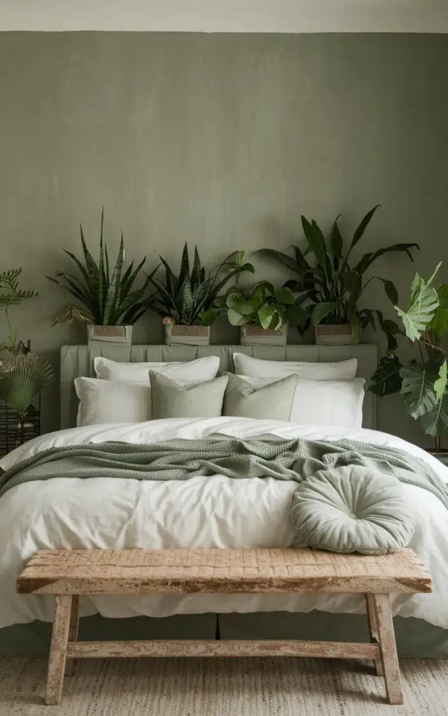 A cozy bedroom with a sage green wall and a bed layered with white bedding and sage green pillows. The bed is surrounded by five green plants. There is a rustic wood bench at the end of the bed. The room has a soft lighting.