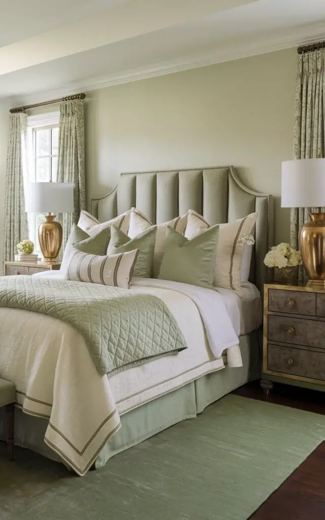 A photo of a luxurious sage green bedroom with a cozy bed featuring a sage green upholstered headboard. The bed is layered with plush white and green pillows and a quilted sage throw. Wooden side tables and brass lamps add warmth, while a green accent rug ties together the soft tones of the headboard and bedding.