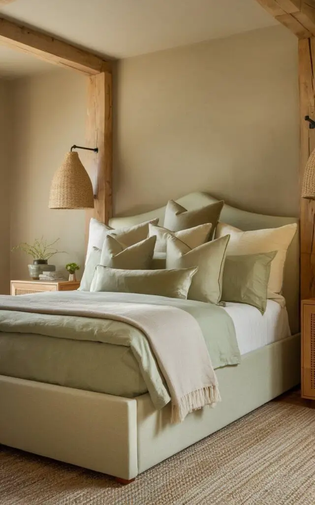 A photo of a sage green bedroom with warm beige walls and sage green decor elements. The room features a cozy upholstered bed with beige and sage green pillows. There is a soft beige throw on the bed, adding warmth. The room has natural wood accents and a jute rug, enhancing the earthy ambiance of the space.