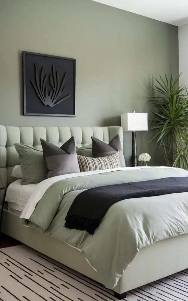 A photo of a sage green bedroom with a cozy upholstered bed layered in sage and charcoal bedding. The walls are a soft sage green, while charcoal accent pillows and a throw add depth. A black-framed art piece and a tall plant in the corner complete the chic, balanced design.