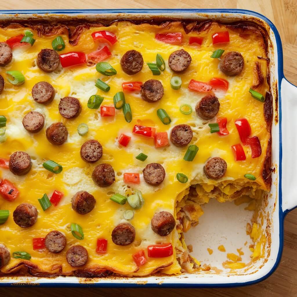 A rectangular ceramic baking dish filled with a colorful breakfast casserole occupies the main focus of the image. The casserole is golden and bubbly on the top, indicating it has been baked until the cheese melted and browned slightly, adding a crispy texture to the surface. A square portion has been cut out from one corner, revealing the casserole's soft, fluffy layers within. The surface of the casserole is speckled with various ingredients. There are very small pieces of caramelized browned sausage, vibrant red bell pepper chunks, and finely sliced green onions scattered across, giving a mixture of colors that stand out against the melted yellow cheese covering the top. The cheese appears gooey in some areas and slightly crisped in others, adding texture and visual appeal. The inside layers reveal a mixture of eggs, hash browns or shredded potatoes, and possibly more cheese, creating a thick and hearty consistency that holds together in the portioned