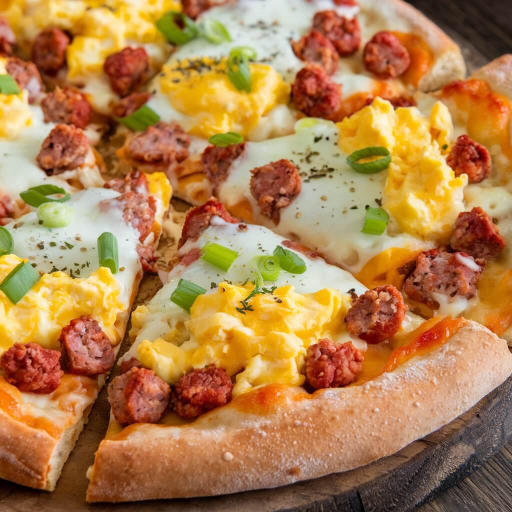 A photo of a breakfast pizza with a golden, slightly crispy crust. The crust holds a hearty mix of breakfast-inspired toppings. There are generous crumbles of golden, fried breakfast sausage. These are scattered over the pizza, peeking out from beneath layers of luxuriously melted cheese and fluffy, soft yellow scrambled eggs. The cheese is melted to perfection, bubbling along the edges and adding a rich, savory layer that envelops each bite. A sprinkling of vibrant green onions adds a fresh pop of color and mild zest, balancing the pizza’s richness with a hint of brightness. Each slice is packed with a delicious mix of sausage, cheese, and eggs, lightly seasoned with aromatic herbs to enhance its savory flavor. The pizza is presented on a rustic wooden pizza peel.