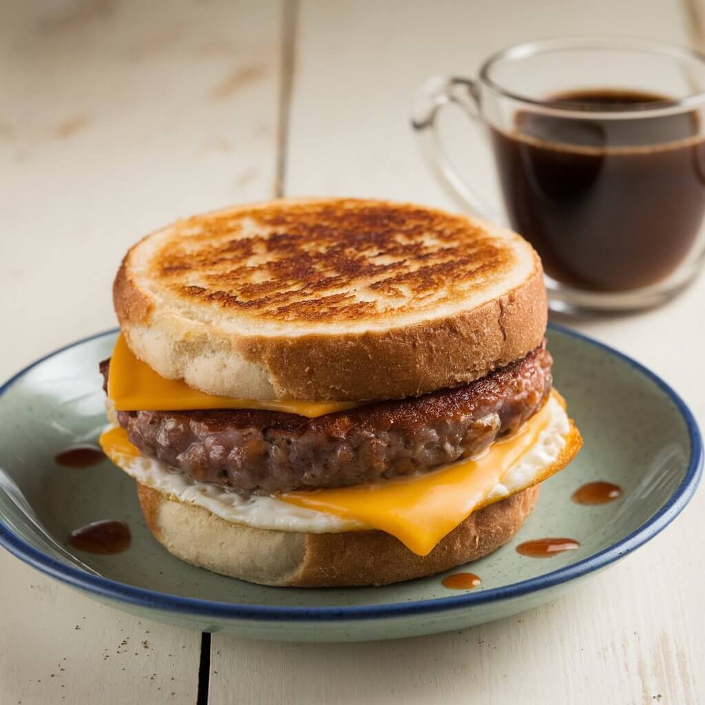 A photo of a ceramic plate with a breakfast sandwich. The sandwich has a thick, juicy breakfast thin caramelized crusty brown sausage patty, melted cheese, and a fluffy egg, all stacked between a toasted English muffin. The sandwich is slightly open to show each layer, with the cheese perfectly melted over the sausage and egg. The English muffin has a golden, toasted texture, and there's a small drizzle of hot sauce on the side. In the background, a cup of coffee sits on a wooden white table, creating a cozy breakfast setting.