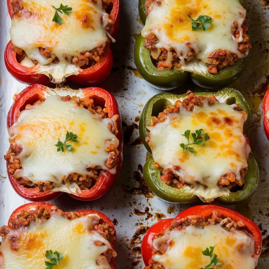 A close-up photo of a baking sheet with a dish of stuffed bell peppers. There are two rows of three halved and hollowed-out red and green bell peppers filled with a savory stuffing of ground sausage, rice, and vegetables. Each pepper is topped with a layer of melted cheese that is lightly browned in places, giving it a gooey and slightly crispy texture. Small sprinkles of fresh green parsley garnish the tops, adding a hint of color. The filling beneath the cheese is visibly textured with bits of meat and grains peeking through, adding a hearty and rustic look to the dish. The surface the peppers are resting on appears to be a baking sheet or dish, with a few traces of melted cheese and juice around the peppers, indicating they have been baked. The lighting is bright and natural, highlighting the vibrant colors and textures of the ingredients.