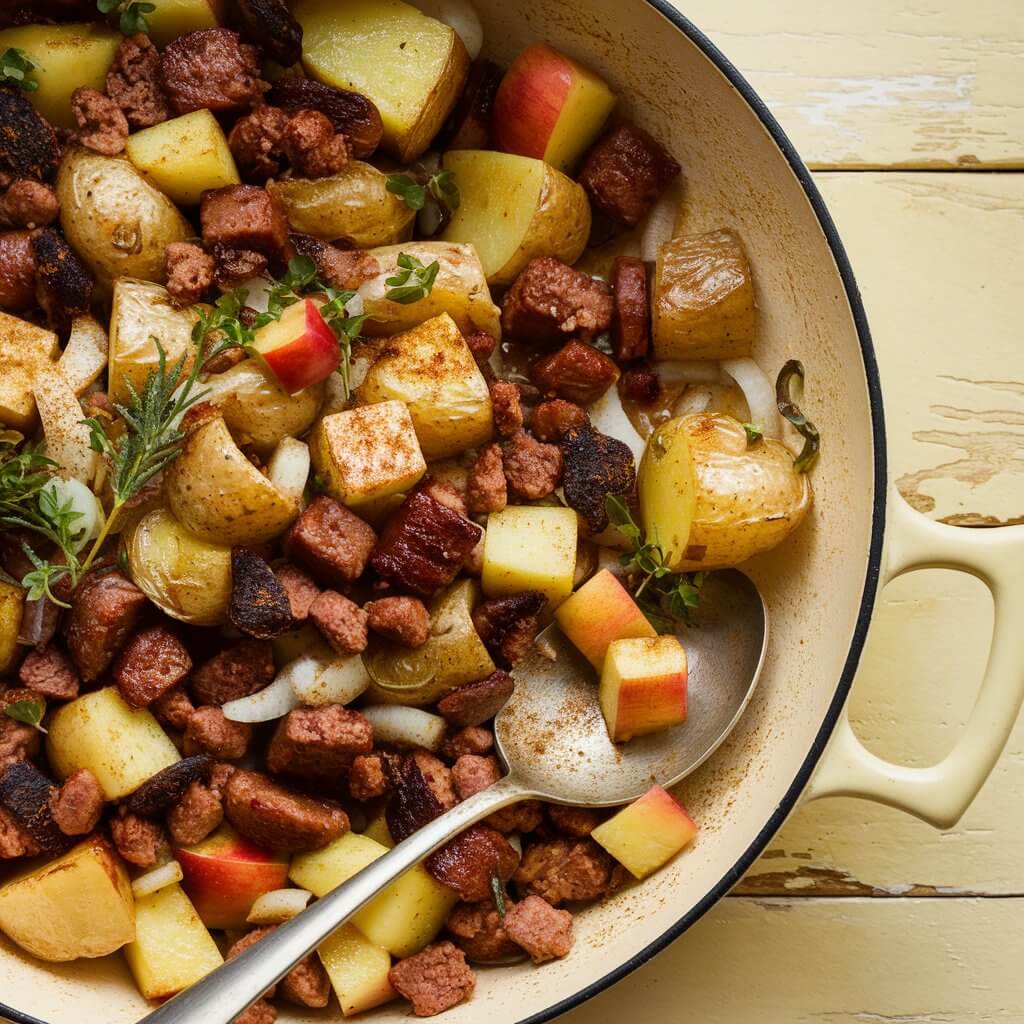 A hearty breakfast hash featuring tender chunks of roasted golden potatoes, crumbled caramelized breakfast sausage, and juicy, caramelized chopped apple small cubes. The ingredients are tossed together in a skillet, with bits of crispy sausage and softened onions adding texture. A sprinkle of fresh herbs and a light dusting of cinnamon over the apples gives the dish a touch of warmth. The skillet sits on a rustic cream wooden table, with a spoon ready for serving, making this breakfast hash look both filling and comforting.