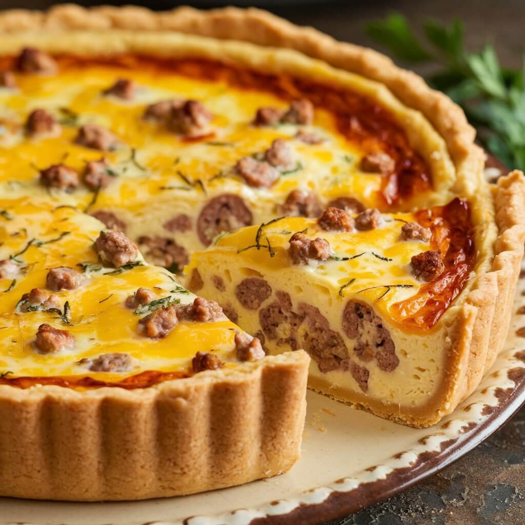 A photo of a beautifully baked sausage and cheese quiche with a golden-brown crust and a bubbly, cheesy top. The quiche is sliced, showing layers of breakfast sausage crumbles and melted cheese within the fluffy, eggy filling. The edges are crisp, while the interior is tender, with specks of green herbs adding a pop of color. The quiche rests on a rustic ceramic plate with a few sprigs of parsley in the background, giving it a home-cooked, gourmet feel.