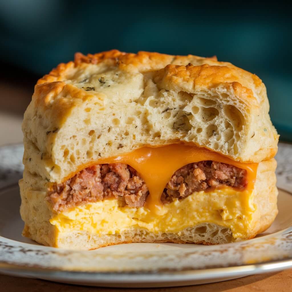 A photo of a close-up shot of a breakfast biscuit with a bite taken out, revealing its layers. The biscuit has a golden-brown, flaky crust with a slightly uneven texture and visible small flecks of herbs, indicating a savory, seasoned dough. Inside, the layers of filling are exposed: a melted layer of cheddar cheese at the top, thick and creamy, oozing slightly toward the edges. Below the cheese, there is a layer of crumbled sausage, browned and compact, and a layer of scrambled eggs with a soft, fluffy texture. The biscuit sits on a white plate with an ornate, embossed rim. The background is blurred with a deep teal color, allowing the biscuit's warm tones to stand out prominently. The lighting highlights the flaky texture of the biscuit's crust and the gooeyness of the melted cheese, creating an inviting and appetizing presentation.