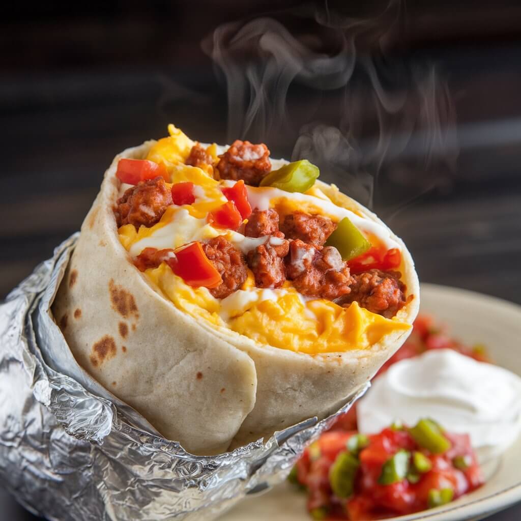 A photo of a vibrant, open breakfast burrito filled with crumbled breakfast sausage, fluffy scrambled eggs, melted cheese, and diced colorful veggies like bell peppers and tomatoes. The burrito is partially wrapped in foil, showcasing the hearty, packed filling. Steam rises from the filling, indicating a fresh, hot meal. A dash of salsa and a dollop of sour cream sit on a nearby plate for garnish, giving the image a dynamic and appetizing look that captures the essence of a breakfast sausage burrito.