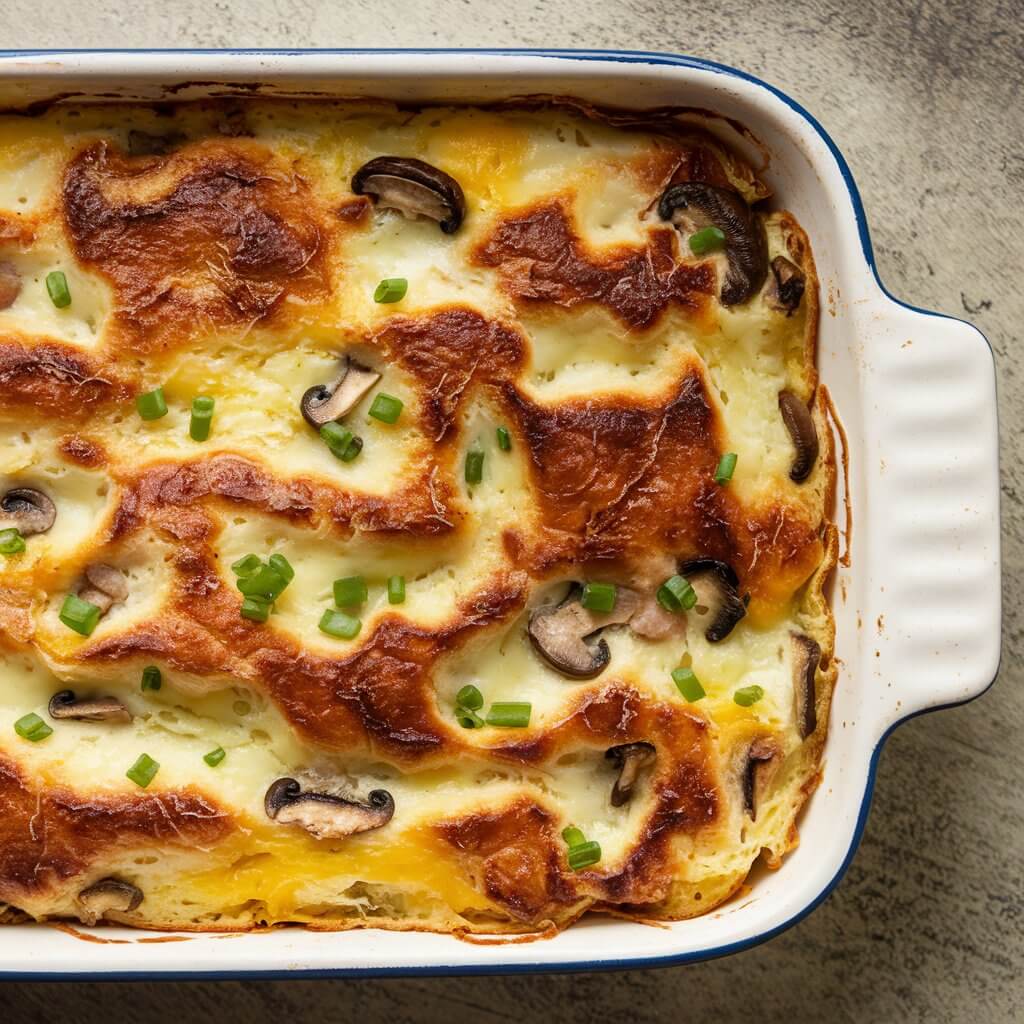 A photo of a freshly baked breakfast strata in a white rectangular casserole dish. The strata has a golden-brown, crusty top with small pieces of melted cheese scattered across the surface. There are thin slices of cooked mushrooms intermittently on top, and small green flecks of chopped scallions or chives are sprinkled throughout. The dish rests on a textured gray surface, and the lighting highlights the strata's textures, making it look warm and inviting.