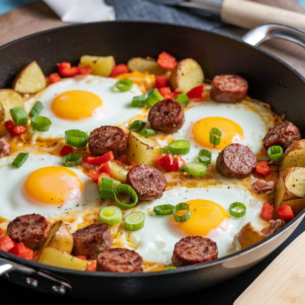 A photo of a hearty breakfast skillet with sunny-side-up eggs, sautéed golden-brown potato chunks, browned sausage pieces, diced red bell peppers, melted cheese, and freshly sliced green onions. The dish is cooked in a black non-stick frying pan. A wooden spatula is placed beside the skillet. The background is blurred and contains a few kitchen utensils.