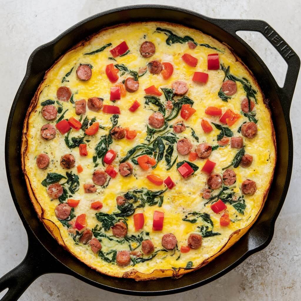 An overhead photo of a cooked sausage and spinach frittata served in a black cast-iron skillet. The frittata has a golden, lightly browned surface with an array of ingredients distributed throughout. Bright red chunks of diced bell peppers are scattered evenly, adding vibrant color to the dish. Leafy green pieces of cooked spinach are intermixed, giving a fresh appearance. Small, browned pieces of sausage are visible, contributing to a hearty texture and flavor. The egg base binds everything together, appearing fluffy and moist with slight golden-brown edges. The background is a light, neutral surface that contrasts with the skillet, making the dish stand out.