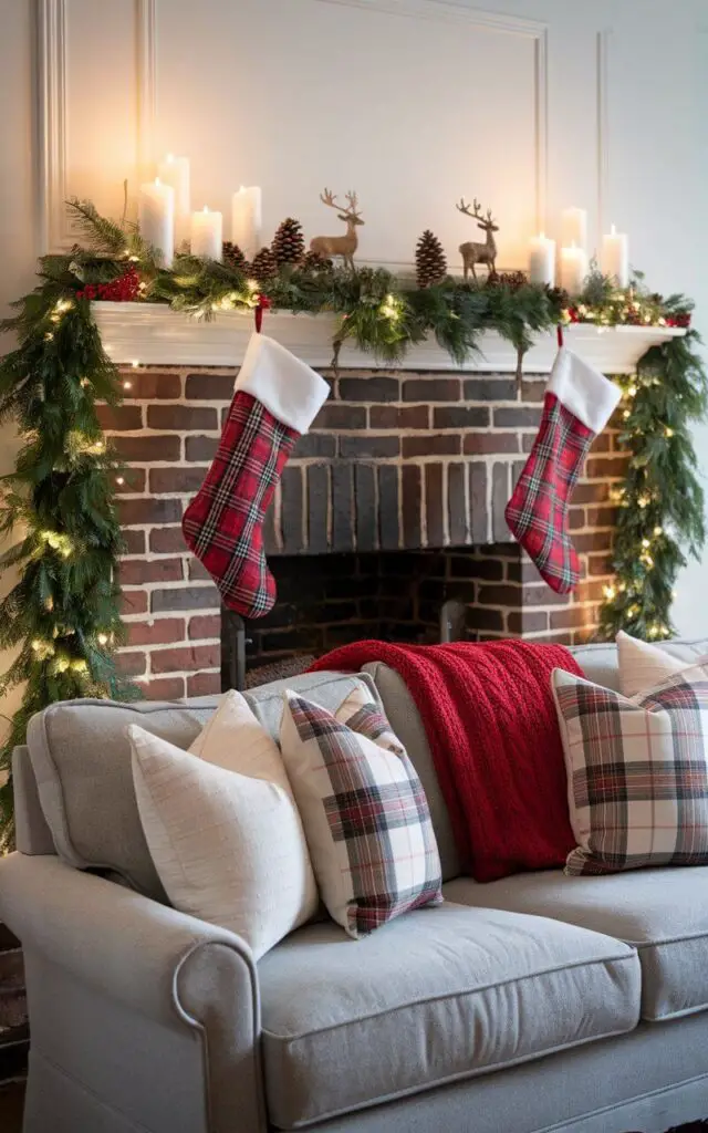 A photo of a Christmas living room with a classic brick fireplace. The mantel is adorned with lush evergreen garlands, red and white stockings, and glowing white candles. There is a cozy sofa upholstered in soft gray fabric, complemented by festive plaid pillows and a red knit throw. Miniature reindeer figurines and a cluster of pinecones add rustic charm to the mantel, while soft string lights enhance the cozy holiday ambiance.