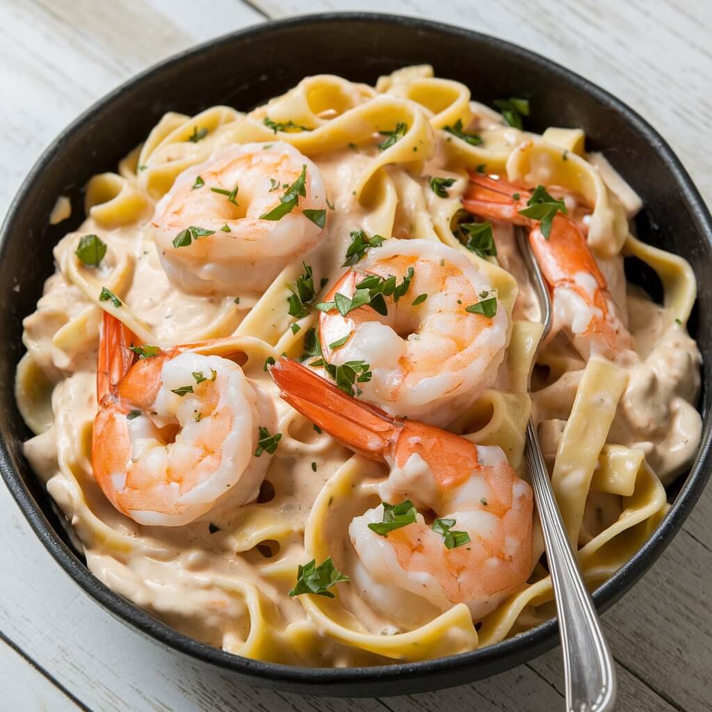 A photo of a creamy shrimp fettuccine pasta dish served in a black, round bowl. The pasta is coated in a thick, glossy white sauce. Large shrimp, with their tails left on, are interspersed throughout the pasta. The dish is garnished with chopped fresh parsley, adding green accents. A metal fork is partially visible in the pasta. The dish is served on a white wooden surface.