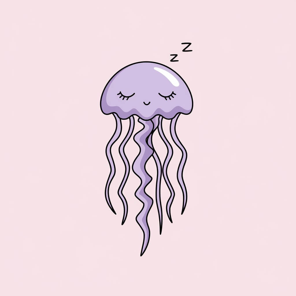 A minimalist, plain white background illustration of a sleeping jellyfish. The jellyfish is soft lavender, with closed eyes and a serene expression. Its tentacles are drawn as gentle, wavy lines. Tiny Z's float above its head. The illustration is drawn in a simplistic style.