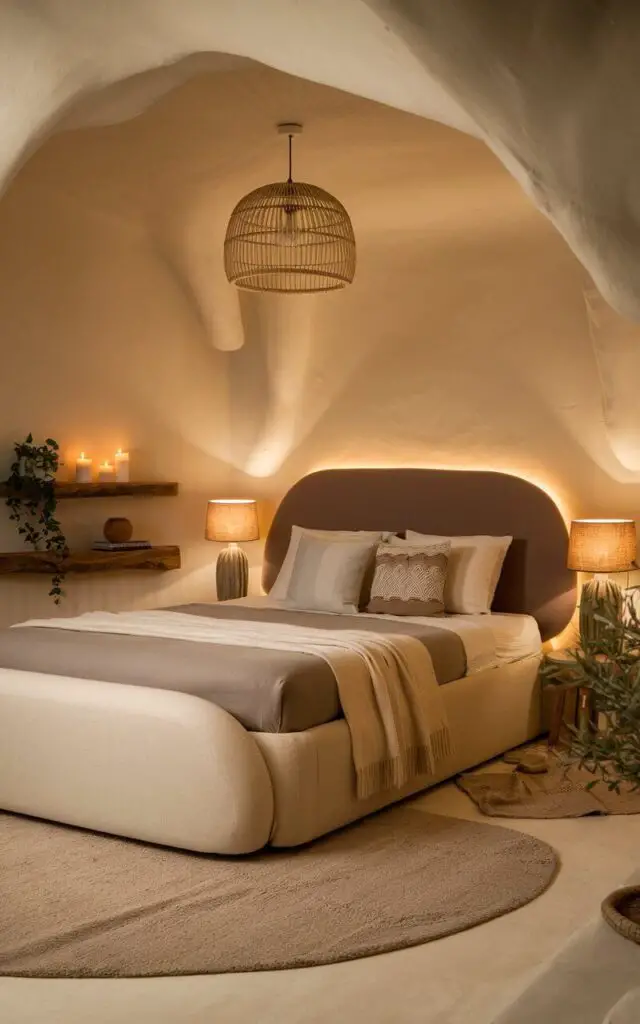 A photo of a cozy, earthy bedroom with a beige and taupe upholstered bed. The room has soft, ambient lighting, creating a warm and tranquil atmosphere. There is a rattan pendant light above the bed and two bedside lamps with fabric shades. The floor is covered with a soft beige rug. There is a wooden shelf with candles and a potted plant in the corner. The overall room has a serene vibe.