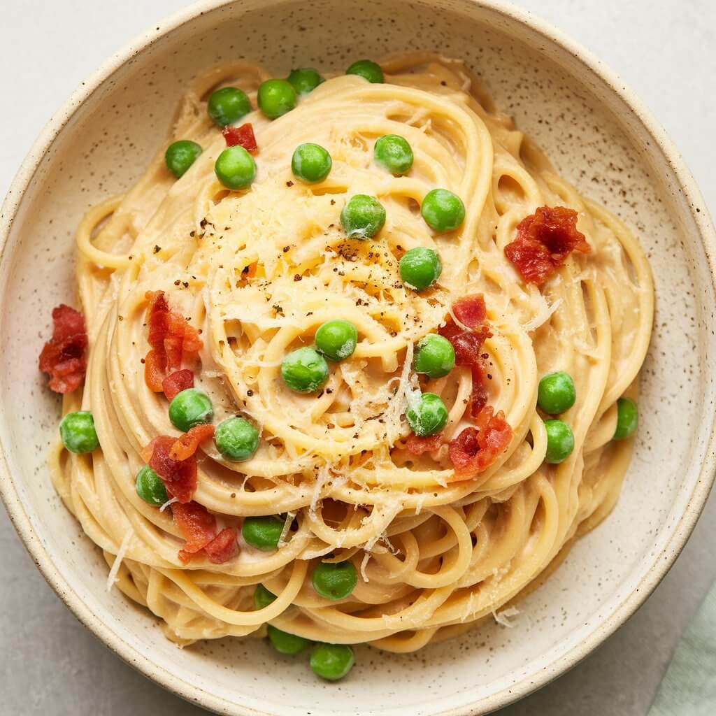 A photo of a creamy spaghetti carbonara with peas served in a wide, shallow white ceramic bowl. Each strand of spaghetti is enveloped in a silky, creamy sauce made from egg yolk, Parmesan, and a touch of cream, giving it a smooth, golden sheen. Bright green cooked peas are scattered throughout the creamy pasta, adding a pop of color and a fresh, slightly sweet contrast to the rich sauce. Crispy bits of pancetta or bacon are mixed in, adding a savory crunch. A light dusting of black pepper and grated Parmesan tops the dish, capturing both the creaminess and the fresh, vibrant appeal of this comforting twist on a classic.