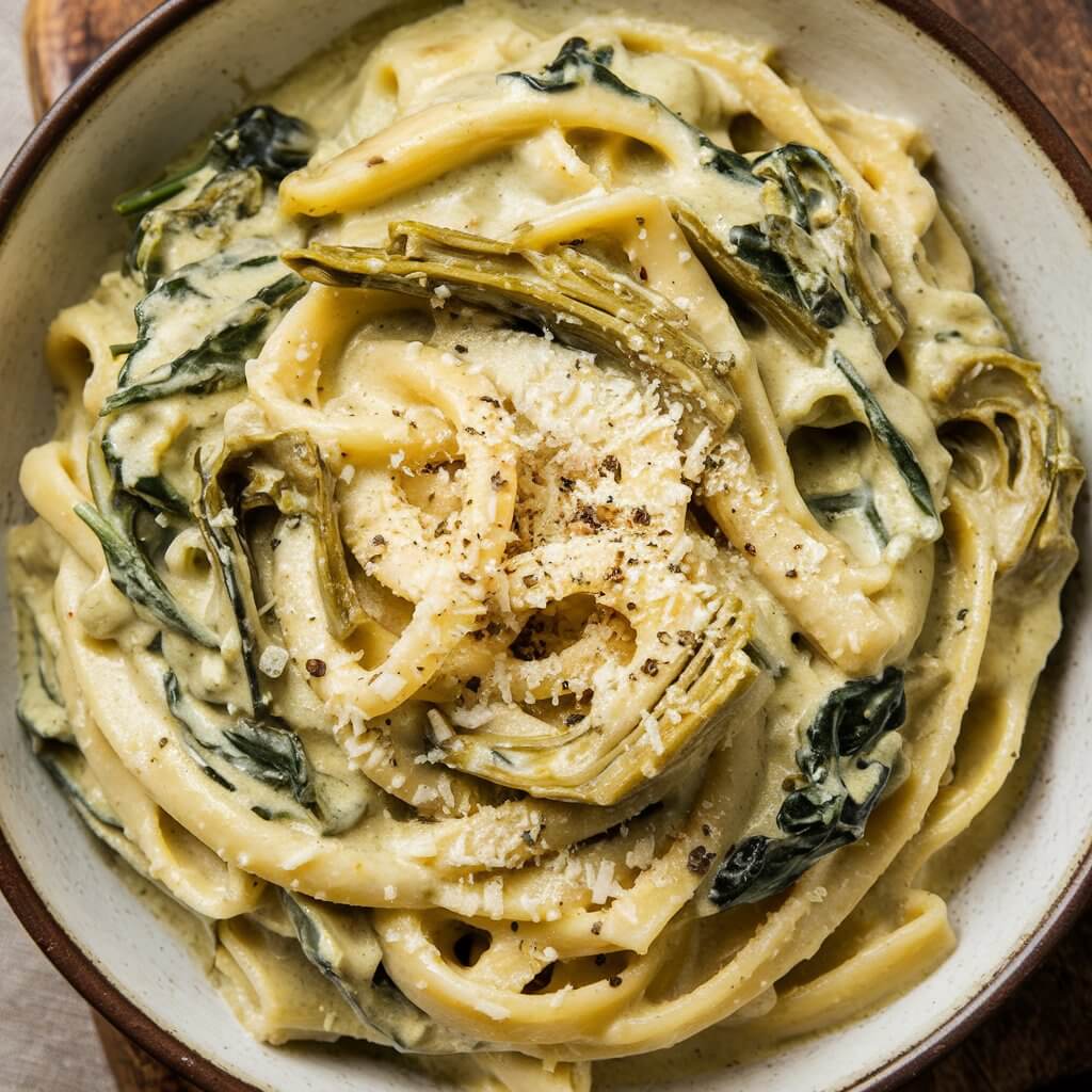 A photo of a bowl of creamy spinach and artichoke pasta. The pasta is coated in a rich, creamy sauce, with chunks of cooked spinach and artichoke hearts throughout. The pasta is dusted with grated Parmesan cheese and cracked black pepper. The dish is served in a wide bowl, with the creamy sauce pooling at the bottom. The background is a rustic wooden board.